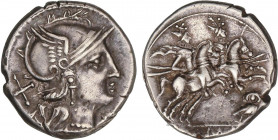 ROMAN COINS: ROMAN REPUBLIC
Denario. 200-190 a.C. ANÓNIMO. Rev.: Dióscuros a caballo a derecha, encima estrellas, debajo lechuza. 4,20 grs. BMC-323; ...