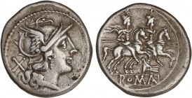 ROMAN COINS: ROMAN REPUBLIC
Denario. 200-190 a.C. ANÓNIMO. Rev.: Dióscuros a caballo a derecha, encima estrellas, debajo proa de nave. 3,74 grs. BMC-...