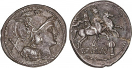 ROMAN COINS: ROMAN REPUBLIC
Denario. 211-209 d.C. ITALIA CENTRAL. Rev.: Dióscuros a caballo a derecha, encima estrellas, debajo punta de lanza vertic...