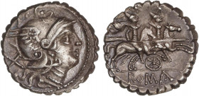 ROMAN COINS: ROMAN REPUBLIC
Denario. 210-208 a.C. ANÓNIMO. SICILIA. Rev.: Dióscuros a caballo a derecha, encima estrellas, debajo rueda de seis radio...