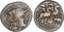 ROMAN COINS: ROMAN REPUBLIC
Denario. 206-195 a.C. ANÓNIMO. Rev.: Dióscuros a caballo a derecha, encima estrellas, debajo toro a derecha. 3,42 grs. BM...