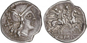 ROMAN COINS: ROMAN REPUBLIC
Denario. 206-195 a. C. ANÓNIMO. Rev.: Dióscuros a caballo a derecha, encima estrellas, debajo toro a izquierda. 3,67 grs....