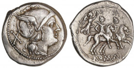 ROMAN COINS: ROMAN REPUBLIC
Denario. 211-208 a.C. ANÓNIMO. ITALIA CENTRAL. Rev.: Dióscuros a caballo a derecha, encima puntos, detrás Victoria voland...