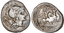 ROMAN COINS: ROMAN REPUBLIC
Denario. 209-206 a.C. ANÓNIMO. ITALIA CENTRAL. Rev.: Dióscuros a caballo a derecha, encima letra C entre estrellas. 4,02 ...