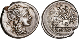 ROMAN COINS: ROMAN REPUBLIC
Denario. 199-170 a.C. ANÓNIMO. Rev.: Dióscuros a caballo a derecha, encima estrellas y puntos, debajo letra D grande. 4,7...
