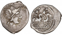 ROMAN COINS: ROMAN REPUBLIC
Denario. 199-170 a.C. ANÓNIMO. Rev.: Dióscuros a caballo a derecha, encima estrellas, debajo letra MA (nexadas). 3,72 grs...