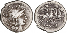 ROMAN COINS: ROMAN REPUBLIC
Denario. 182-172 a.C. ANÓNIMO. Rev.: Dióscuros a caballo a derecha, encima M entre estrellas. 3,18 grs. MUY ESCASA. Cal-4...