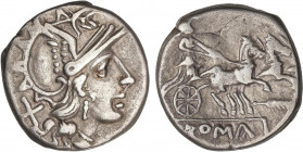 ROMAN COINS: ROMAN REPUBLIC
Denario. 179-170 a.C. ANÓNIMO. Rev.: Diana en biga a derecha, debajo de los caballos, pluma. 3,56 grs. BMC-394; Cal-53; C...