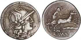 ROMAN COINS: ROMAN REPUBLIC
Denario. 179-170 a.C. ANÓNIMO. Rev.: Diana en biga con creciente y látigo en la mano, debajo gamba. 2,85 grs. BMC-585; Ca...
