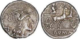 ROMAN COINS: ROMAN REPUBLIC
Denario. 143 a.C. ANÓNIMO. Rev.: Diana con látigo en biga arrastrada por ciervos a derecha, debajo creciente. 3,69 grs. (...