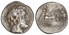 ROMAN COINS: ROMAN REPUBLIC
Denario. 86 a.C. ANÓNIMO. Anv.: Cabeza laureada de Apolo Vejovis a derecha, variante de busto. 4,01 grs. FFC-85 var. EBC-...