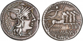 ROMAN COINS: ROMAN REPUBLIC
Denario. 132 a.C. ABURIA. Marcius Aburius M.F. Geminus. Anv.: Cabeza de Roma a derecha, detrás GEM. Rev.: Sol con látigo ...