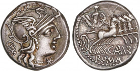ROMAN COINS: ROMAN REPUBLIC
Denario. 134 a.C. ABURIA. C. Aburius Geminus. Rev.: Marte con arco, lanza y escudo en cuadriga a derecha, debajo C.ABVRI....