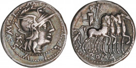 ROMAN COINS: ROMAN REPUBLIC
Denario. 130 a.C. ACILIA. Marcus Acilius Marci f. Anv.: M. (AC)ILIVS. MF. Rev.: Hércules en cuadriga a derecha. 3,76 grs....