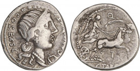 ROMAN COINS: ROMAN REPUBLIC
Denario. 82-81 a.C. ANNIA. C. Annius y C. Tarquitus. HISPANIA. Rev.: Victoria con palma en biga a derecha, encima Q, deba...