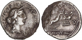 ROMAN COINS: ROMAN REPUBLIC
Denario. 82-81 a.C. ANNIA. C. Annius y Lucius Fabius. HISPANIA. Anv.: Busto diademado entre caduceo y balanzas, debajo 4 ...