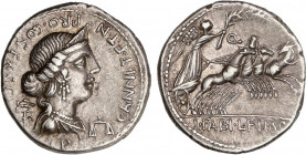 ROMAN COINS: ROMAN REPUBLIC
Denario. 82-81 a.C. ANNIA. C. Annius y Lucius Fabius. HISPANIA. Anv.: Busto diademado entre caduceo y balanzas, debajo le...