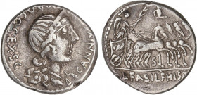 ROMAN COINS: ROMAN REPUBLIC
Denario. 82-81 a.C. ANNIA. C. Annius y Lucius. HISPANIA. Anv.: Busto diademado a derecha, delante balanzas. Rev.: Victori...