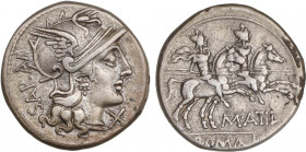 ROMAN COINS: ROMAN REPUBLIC
Denario. 148 a.C. ATILIA. M. Atilius Saranus. Anv.: Cabeza de Roma a derecha entre SARAN de abajo a arriba y X. Rev.: M. ...