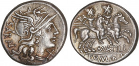 ROMAN COINS: ROMAN REPUBLIC
Denario. 148 a.C. ATILIA. M. Atilius Saranus. Anv.: Cabeza de Roma a derecha, entre SARAN de arriba a abajo y X. Rev.: M....