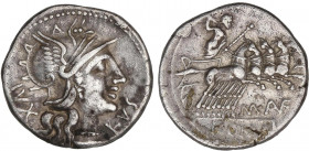 ROMAN COINS: ROMAN REPUBLIC
Denario. 140 a.C. AUFIDIA. Marcus Aufidius. Anv.: Cabeza de Roma a derecha entre IVX (nexadas) y RVS. Rev.: M. AVF (nexad...