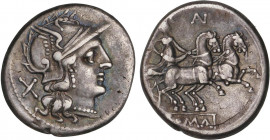 ROMAN COINS: ROMAN REPUBLIC
Denario. 194-190 a.C. AURELIA. Aurelius. Rev.: Diana en biga a derecha, encima AV (nexadas). 3,64 grs. Pátina. Ex Sotheby...