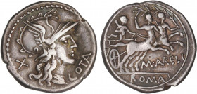 ROMAN COINS: ROMAN REPUBLIC
Denario. 139 a.C. AURELIA. M. Aurelius Cotta. Anv.: Cabeza de Roma a derecha, entre X y COTA. Rev.: Hércules en biga arra...