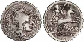 ROMAN COINS: ROMAN REPUBLIC
Denario. 118 a.C. AURELIA. M. Aurelius Scaurus. NARBO. Anv.: M. AVRELI (VR nexadas) ROMA¶. Rev.: SCAVR. (AVR nexadas). En...