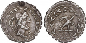 ROMAN COINS: ROMAN REPUBLIC
Denario. 105 a.C. AURELIA. Lucius Aurelius Cotta. Anv.: Busto de Vulcano a derecha, debajo del mentón letra B, detrás est...
