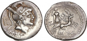 ROMAN COINS: ROMAN REPUBLIC
Denario. 71 a.C. AXIA. Lucius Axius L. f. Naso. Anv.: Cabeza de Marte, yelmo con crin, detrás XIII, debajo NASO. Rev.: Di...