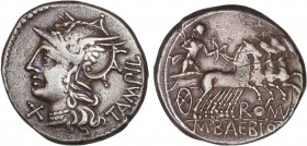 ROMAN COINS: ROMAN REPUBLIC
Denario. 137 a.C. BAEBIA. Marcius Baebius Q. f. Tampilus. Anv.: Cabeza de Roma con gargantilla de doble hilera de perlas ...