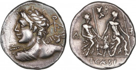 ROMAN COINS: ROMAN REPUBLIC
Denario. 112-111 a.C. CAESIA. Lucius Caesius. Anv.: Busto diademado de Apolo Vejovis a izquierda, detrás AP (nexadas). Re...