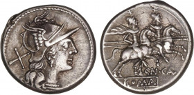 ROMAN COINS: ROMAN REPUBLIC
Denario. 189-180 a.C. CALPURNIA. Cn. Calpurnius Piso. Rev.: Dióscuros a caballo a derecha, encima estrellas, debajo CN. C...