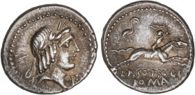 ROMAN COINS: ROMAN REPUBLIC
Denario. 90-89 a.C. CALPURNIA. L. Calpurnius Piso Frugi. Anv.: Cabeza laureada de Apolo a derecha, debajo del mentón P. R...