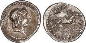 ROMAN COINS: ROMAN REPUBLIC
Denario. 90-89 a.C. CALPURNIA. L. Calpurnius Piso Frugi. Anv.: Cabeza laureada de Apolo a derecha, detrás XXII. Rev.: Jin...