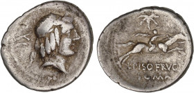 ROMAN COINS: ROMAN REPUBLIC
Denario. 90-89 a.C. CALPURNIA. L. Calpurnius Piso Frugi. Anv.: Cabeza laureada de Apolo a derecha, detrás XI. Rev.: Jinet...