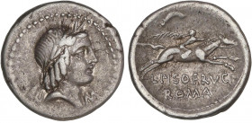 ROMAN COINS: ROMAN REPUBLIC
Denario. 90-89 a.C. CALPURNIA. L. Calpurnius Piso Frugi. Anv.: Cabeza laureada de Apolo a derecha, debajo del mentón, M. ...