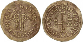 VISIGOTHIC COINS
Triente. EGICA y WITTIZA (694-702). EMERITA (Lusitania). Anv.: ¶INDN¶M¶EGICA¶. Rev.: ¶INDENMVVITTIZA¶. 1,38 grs. AU. (Leve grieta). ...