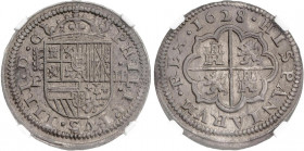 SPANISH MONARCHY: PHILIP IV
2 Reales. 1628. SEGOVIA. P. En cápsula de la NGC (nº 4344928--003) como MS63. MUY BELLA. RARA ASÍ. AC-957. SC.
