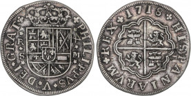 SPANISH MONARCHY: PHILIP V
4 Reales. 1718. SEVILLA. M. 10,92 grs. Final de leyenda anverso GRAT. El 4 invertido. (Leves hojitas en anverso. Pátina de...