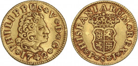 SPANISH MONARCHY: PHILIP V
1/2 Escudo. 1742. SEVILLA. P.J. 1,76 grs. AC-1644. MBC+.