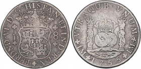 SPANISH MONARCHY: FERDINAND VI
8 Reales. 1755. LIMA. J.D. 25,96 grs. Columnario. AC-459. MBC-.