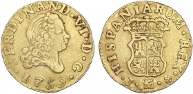 SPANISH MONARCHY: FERDINAND VI
1/2 Escudo. 1759. MADRID. J. 1,53 grs. (Cospel levemente inferior, posiblemente recortada). AC-566. MBC.