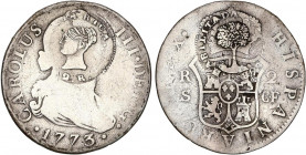 SPANISH MONARCHY: CHARLES III
2 Reales. 1773. SEVILLA. C.F. 5,29 grs. Resello de Costa Rica 2 Reales (1845). KM-36. AC-781. BC+.
