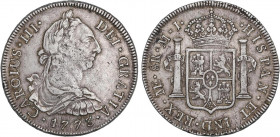 SPANISH MONARCHY: CHARLES III
8 Reales. 1773. LIMA. M.J. 26,85 grs. AC-1037; Cal-853. MBC.