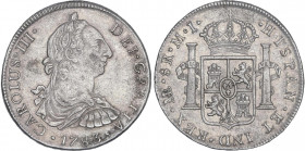 SPANISH MONARCHY: CHARLES III
8 Reales. 1783. LIMA. M.I. 26,7 grs. (Oxidaciones limpiadas). AC-1051. MBC+.