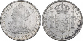 SPANISH MONARCHY: CHARLES III
8 Reales. 1772. MÉXICO. F.M. 26,8 grs. Ceca y ensayadores invertidos. (Leve grieta a las 9h). Restos de brillo original...
