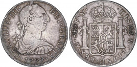 SPANISH MONARCHY: CHARLES III
8 Reales. 1777. MÉXICO. F.M. 26,6 grs. (Descolgada, restos de soldadura). AC-1112. MBC-/MBC.