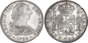 SPANISH MONARCHY: CHARLES III
8 Reales. 1784. MÉXICO. F.M. 26,98 grs. (Leves golpecitos). Pequeños restos de brillo original. AC-1126. EBC-.