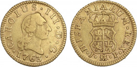 SPANISH MONARCHY: CHARLES III
1/2 Escudo. 1763. MADRID. J.P. 1,73 grs. AC-1246. MBC.
